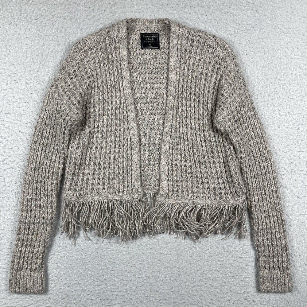 Abercrombie & Fitch Sweater Womens XS Beige Open Front Cropped Cardigan Fringe